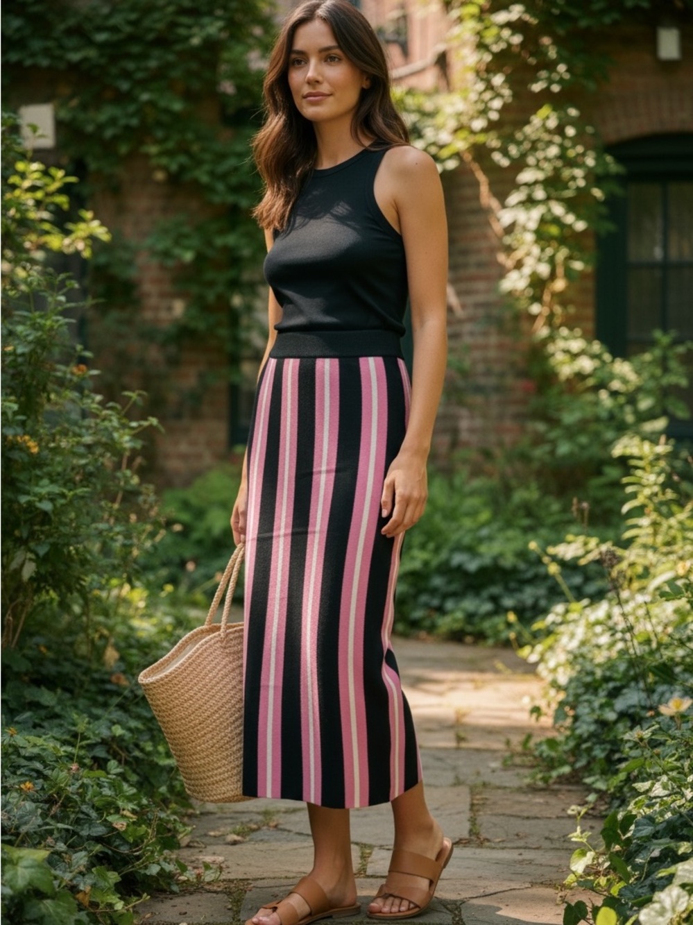 Mango Black and Pink Striped Midi Skirt